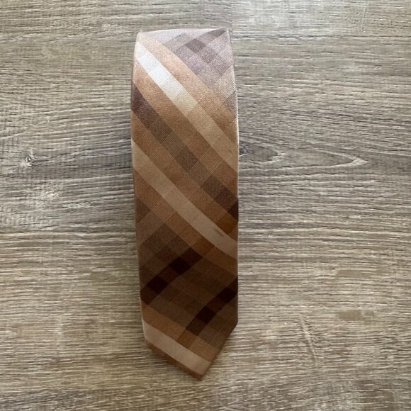 Calvin Klein 100% Silk Tan Plaid Slim Tie – Neutral Beige Brown Check Pattern - Picture 6 of 6